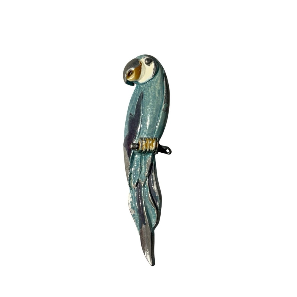 Vintage Silver Tone Painted Blue Enamel Metal Perched Parrot Bird Brooch Pin